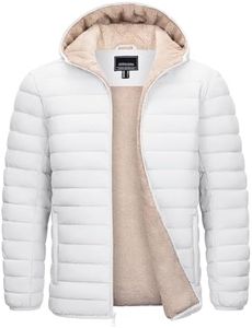 Cotrasen Mens Hooded Puffer Jacket Fleece Lined Insulated Jacket for Men Full Zip Up Warm Winter Coats White XL