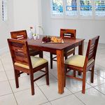 CUSTOM DECOR Solid Sheesham Wood Dining Table 4 Seater for Dining Room Living Room | Wooden Dining Set 4 Seater for Home Office | Dining Table Set with 4 Chairs | Chairs with Cushions | Honey Finish