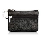 Hibate Mini Coin Purse Holder Wallet Leather Purses for Women Men Kids Minimalist Zip Pouch with Key Ring - Black