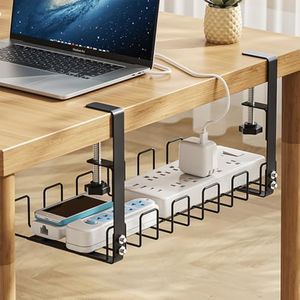 No Drill Under Desk Cable Management Tray Under Desk Cable Tray Holder Desk Cable Organizers Accessories Desk Cable Management Box Fits Most Table for Office, Home - No Damage to Desk（Black）