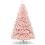 Goplus Pink Artificial Christmas Tree, 7FT Premium Unlit Hinged Spruce Full Tree, with Metal Stand, Easy Assembly, for Indoor and Outdoor Use (7ft)