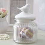 HOMIES, 600ml 1 Piece Decorative Food Storage Glass Mason Sealed airtight Jars Container with White Ceramic Bird Lid for Home Kitchen and Commercial Use (Size: 11 * 11 * 17cm)