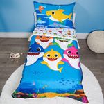 Baby Shark 4 Piece Toddler Bedding Set - Includes Quilted Comforter, Fitted Sheet, Top Sheet, and Pillow Case, Blue