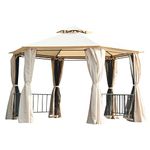 Outsunny 3 x 3(m) Hexagon Gazebo Patio Canopy Party Tent Outdoor Garden Shelter w/ 2 Tier Roof & Side Panel - Beige