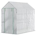 Outsunny 73" x 47" x 75" Walk-in Greenhouse Outdoor Portable Plant Flower Growth Warm House Garden Tunnel Shed with Roll-up Door and 4 Shelves, White