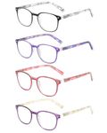 JM Reading Glasses Women with Spring Hinge 4 Pack, Lightweight Quality Vintage Readers Colorful Square Glasses for Ladies +2.0 Magnifying