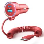 USB C 60W Super Fast Car Charger PD& QC3.0 with 5ft 30W Type C Coiled Cable, Car Phone Charger Adapter for iPhone 15 Pro Max Plus, Samsung Galaxy S24/S23/S22, Google Pixel/Moto/LG/Android, iPad Pro