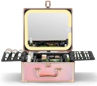 Qislee Makeup Box with A Detachable Lighted Mirror, Waterproof Travel Train Case, Cosmetic Organizer and Makeup Suitcase with Adjustable Dividers, Magnetic LED Mirror(Sparkling Gradient Pink)