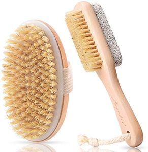 LAYUKI Body Brush for Dry or Wet Brushing and 2-Sided Foot File Scrubber Set, Body Scrubber for Bath or Shower, Exfoliating Skin, Cellulite Treatment, Foot File Scrubber with Pumice Stone