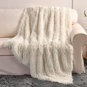 YUSOKI Cream White Faux Fur Throw Blanket,2 Layers,50" x 60" Cozy Plush Fluffy Blanket Furry Fuzzy Warm Cute Shaggy Blanket for Fall Bed Living Room Décor Baby Women Pet