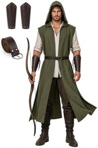 UQJE Medieval Hooded Surcoat Set Men, Renaissance Ranger Costume Ren Faire (New Green, L)