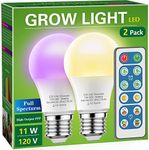 Briignite Grow Light Bulbs, 4 Full Spectrum Growth Modes, 3/9/12/18H Timing, A19 Dimmable Plant Light Bulb E26 Base, 11W Grow Bulb 100W Equivalent, Grow Light for Indoor Plants, Seed Starting, 2Pack