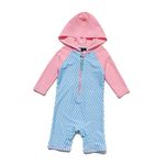 NALULU Baby/Infant Girls Swimsuit One Piece UPF 50+ Sun Protection Hooded All-in-one Swimwear/Sunsuit (Blue and Pink, 9-12Months)