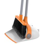 MR.SIGA Long Handled Dustpan and Brush Set, Upright Broom and Dustpan Set with Adjustable Handle, Tall Sweeping Brush with Comb Teeth for Floor Cleaning, Indoor, Outdoor, Home, Lobby,White & Orange