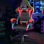 Ergonomic Gaming Chair with LED Lights, Headrest, Lumbar Support, Reclining Backrest, and Adjustable Height for Adults (With Led Light, Red)