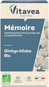 VITAVEA BIEN-ETRE - Ginkgo Biloba BIO - Complément Alimentaire Mémoire - 100% Ginkgo Biloba BIO - Concentration, Performances Intellectuelles - 30 gélules - Cure de 1 mois - Fabriqué en France