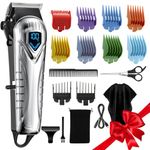 Hair Clippers for Men, 5 Hours Cordless Hair Cutting Kit with 10 Combs, LED Display, Low Noise Professional Beard Trimmer Barber Clippers Hair Cutting Kit with Scissors,Cape, Surprise for Men Family