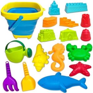 Jouet Plage Enfant, 17 Pièces Jeux de Plage avec Seau Plage Pliant, Pelles, Modèle de Sable d'animaux Marins et Château pour Enfants de 3 4 5 6 Ans