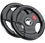 FK Sports Olympic Weight plates, Cast Iron Weights with Rubber finish, 2” opening, 15kg, tri-grips Barbell weights, Home and Gym Training Weight Set, Sold in Pair