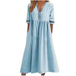 QIGUANDZ Women Guipure Lace V Neck Cotton Linen Babydoll Mid Dress Summer Short Sleeve Belly Hide Casual Loose Tunic Dresses