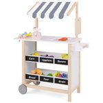 GYMAX Wooden Ice Cream Cart, Kids Pretend Play Grocery Store with 2 Wheels, Display Shelves, Scale, Bell & 6 Simulated Ice Creams, Dessert Toy Shop for 3 Year Old + Girls Boys (Gray Striped Canopy)