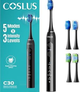 COSLUS C30 Sonic Electric Toothbrush for Adults: Deep Teeth Cleaning & Whitening - 5 Modes & 3 Intensity Levels for Sensitive Teeth & Braces, 2 Types of Brush Heads 2Hours Charge, Black & Black Button