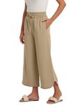 Les umes Linen Pants Women Summer Cropped Pants for Women Wide Leg Flowy Pants Drawstring Elastic Waist Palazzo Pants with Pockets Khaki L