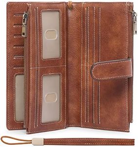 GOIACII Womens Wallets Large Capacity Credit Card Holder Rfid Wallet Women Double Zipper Pocket Leather Bifold Ladies Wristlet Clutch Wallet, A01-Brown, Large, Vintage