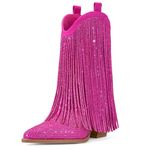 Ankle Cowboy Boots for Women - Rhinestone Cowgirl Boots with Glitter Fringe Pointed Toe Western Booties Chunky Heel Pull-On Hot Pink US Size 8