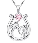 YL Horseshoe Necklace 925 Sterling Silver cut October Birthstone Pink Cubic Zirconia "I love you forever" Horse Pendant Jewelry for Women Girlfriend