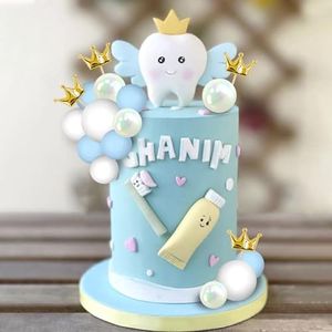 DRWATE Tooth Cake Topper First Tooth Party Cake Decorations with Balls Crowns for Teeth Theme Birthday Party Baby Shower Supplies (Blue)