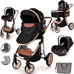 Baby Pram Pushchair Buggy Lightweight Stroller Folding Strollers 3 in1 Travel System Baby Trolley Baby Pram for Newborns Toddlers 0-36 Months from Birth (Black-Rose Gold Frame)