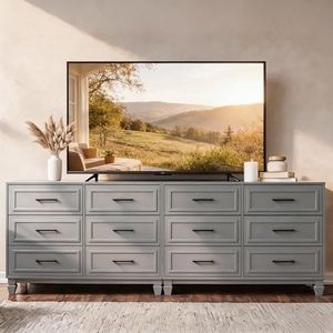 BERRY NEST Farmhouse Dresser for Bedroom, 6 Drawer Dresser with Unique Solid Wood Legs, Modern Wide Chest Dressers for Clothes, Closet, Living Room, Grey, 2 Pack