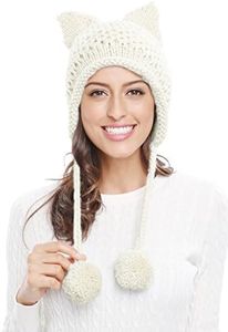 Bellady Winter Cute Cat Ears Knit Hat Ear Flap Crochet Beanie Hat,White