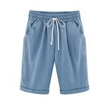 oglccg Womens Half Pants Plus Size Knee Length Cotton Linen Shorts with Pockets Summer Solid Beach Vacation Straight Leg Trousers Drawstring Elastic Waist Bermuda Casual Work Shorts, Light Blue