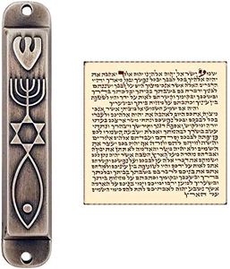 TALISMAN4U Pewter Messianic Mezuzah Case with Scroll for Door 3D Menorah Messianic Seal 10 cm / 4 Inch