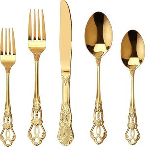 30 Pieces Gorgeous Retro Royal Gold Stainless Steel Flatware Set, Golden Silverware Set, Anti-Rust Stainless Steel Gold Cutlery Set Utensils Including Fork Spoon and Knife