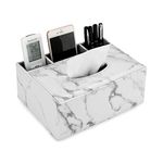 BTSKY Pu Leather Tissue Box Cover with Pencil Remote Control Holder,Napkin Holder Multifunctional Desktop Storage Box for Home Car and Office,Marble White