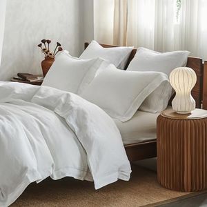Simple&Opulence 100% Washed Linen Duvet Cover with Embroidered, Twin Size(68"x 86"), 2 Pieces Soft Farmhouse Comforter Set with Button Closure,1 Duvet Cover and 1 Pillowsham(Twin,White)