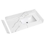 EQLOO 36 in.W x 22 in.D Quartz Calacatta River Vanity Top,with Undermount Right Offset Sink Vanity Top,with Two Sidesplash & One Backsplash,8 Inch Faucet Hole Spread Bathroom Vanity Sink Countertop