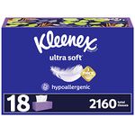 Kleenex Ultra Soft Facial Tissues, 18 Flat Boxes, 120 Tissues per Box, 3-Ply (2,160 Total Tissues), Packaging May Vary