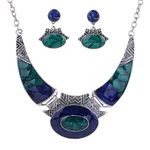 YAZILIND Ethnic Dark Blue Green Embossed Tibetan Sliver Bib Collar Earrings Necklace Jewelry Set Women