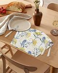 Round Table Placemats Set of 6 Vintage Floral Plant, Wedge Shape Place Mats for Dining Table, Heat-Resistant Washable Wipe Clean Table Mat Decoration 11.8x17.5 Inches, Yellow Blue