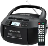 Greadio Boombox CD Player Cassette Player Combo, Boom Box Portable CD Players for Home with Bluetooth, Support AM FM Radio/Remote Control/AUX/USB/Earphone, AC/Battery Operated, LCD Display (Black)