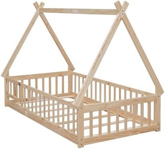 GarveeHome Natural Pine Fun Playhouse Bed Frames, House Bed Frame with Roof, No Box Spring Needed, Twin Playhouse Bed for Kids Teens Boys Girls