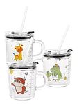 IndusBay® Pack of 3, Cartoon Printed Milk Glass Sipper Mug Jar with Silicone Straw and Lid Drinking Cup for Kids Boys Girls Perfect for Milk,Juice,Coffee 350 ML, Multicolor