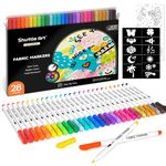 Shuttle Art Fabric Pens, 28 Colours Fine Tip Permanent Fabric Markers for Clothes, T-shirt, Shoes with 11 Stencils 1 Fabric Sheet, Non-toxic Marker Pens for Kids Adult Painting Writing