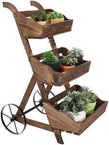 Sunnydaze 3-Tier Wooden Plant Stand with Iron Wheels - Mobile Rolling Garden Cart - Brown Finish - 39.25-Inch