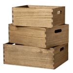 KIRIGEN Nesting Wooden Crates with Portable Handles for Home Organizer - Wood Rustic Decor Farmhouse Boxes/Basket Rolling Trays set of 3 Dark Brown