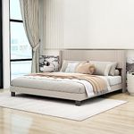 Tuconia Upholstered Platform King Size Bed Frame with Headboard Wooden Slats Support Easy Assembly No Box Spring Needed Beige Velvet